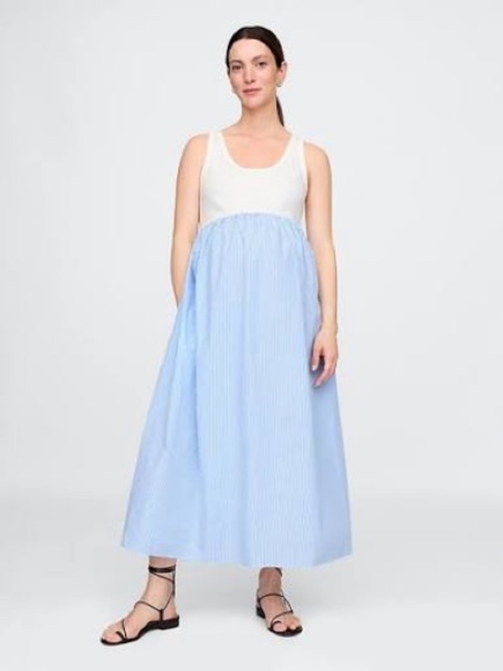 Blue White Stripe Maternity Mixed Media Maxi Dress size medium